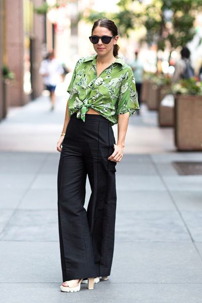 black wide leg trousers and floral blouse